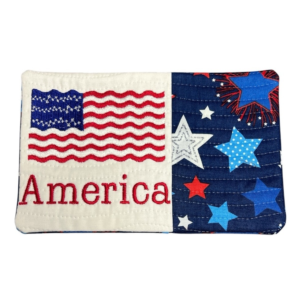 Hand Crafted Mug Rug Coaster Embroidered Cotton American Flag